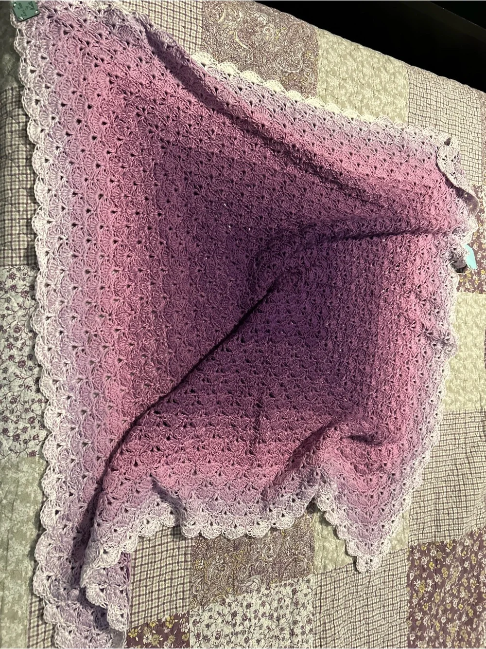 Handmade Gradient Purple Crochet Throw with White Scalloped Edge